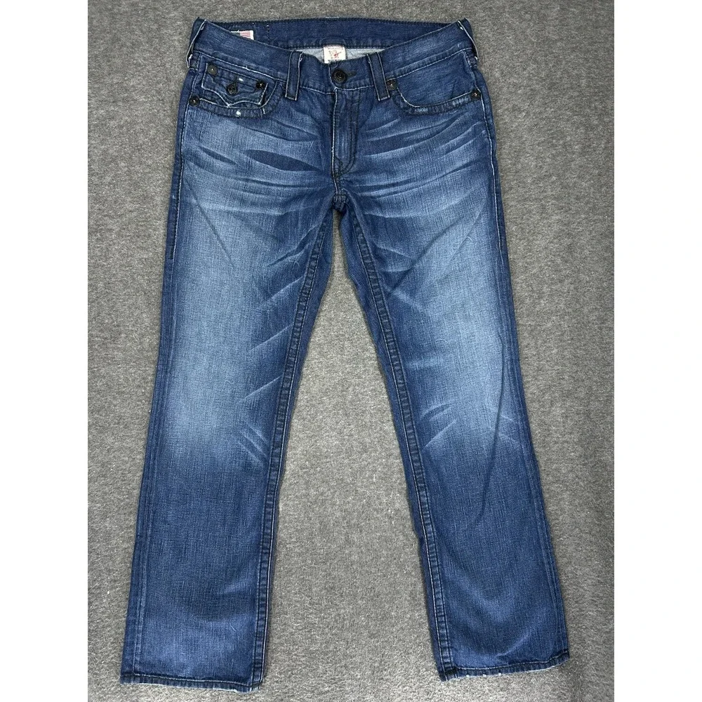 True Religion Jeans Mens 34x34 Ricky Big T Thick Stitch Flap Pocket whiskers USA